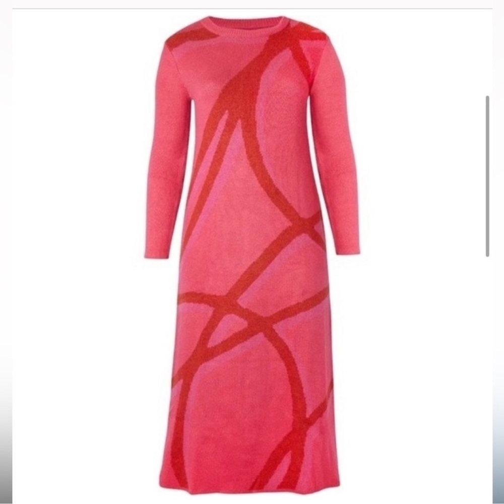 11 Honoré Elegant Pink Red Abstract Long Cozy Knit Long Sleeve Dress
